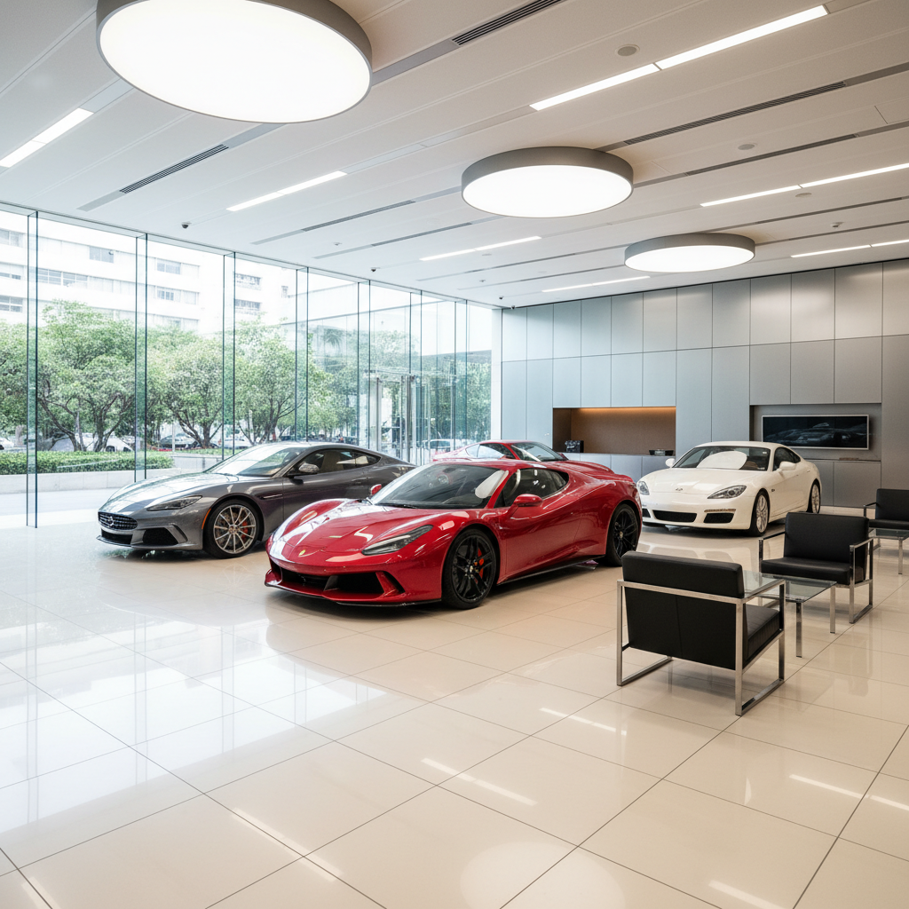 Premium automotive dealership showroom with luxury vehicles