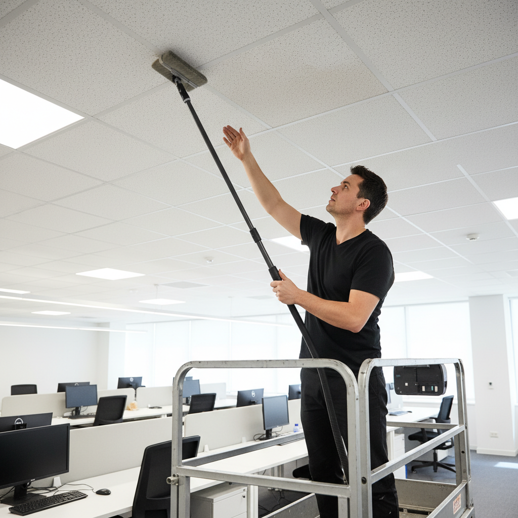 Commercial ceiling tile cleaning technician on scissor lift restoring acoustic ceiling tiles in office