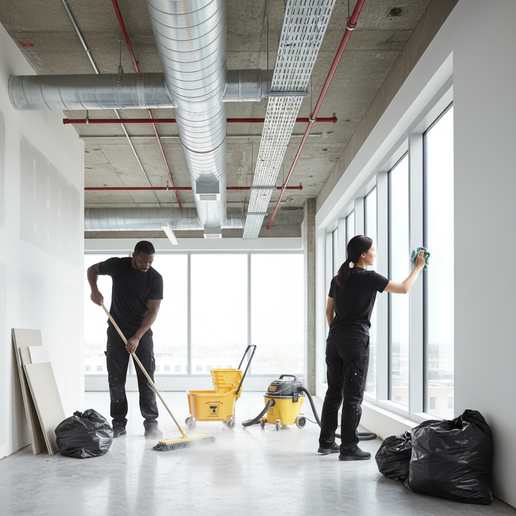 Post-construction cleaning crew removing construction dust and debris in newly built commercial office space