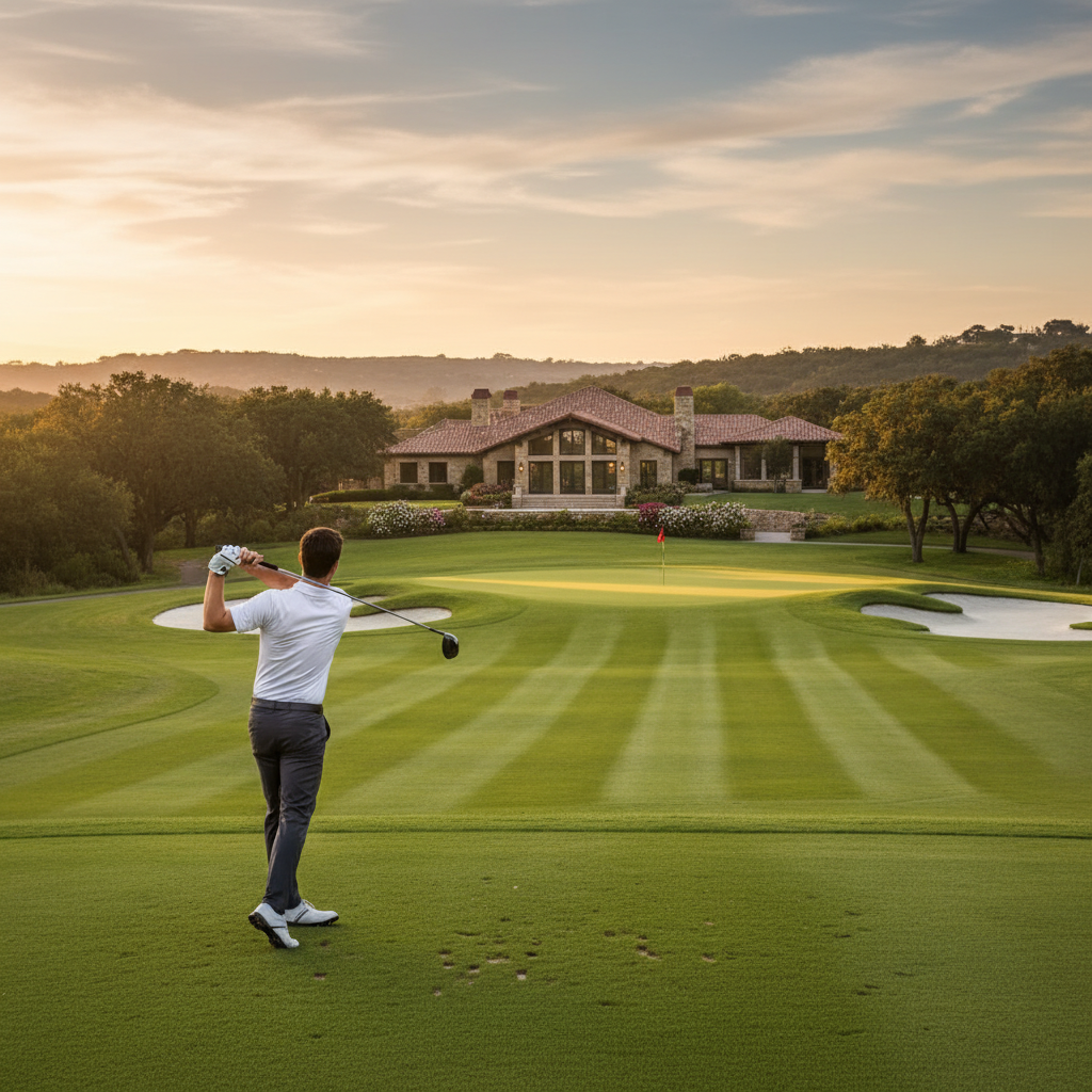 Private golf club with manicured fairway and clubhouse