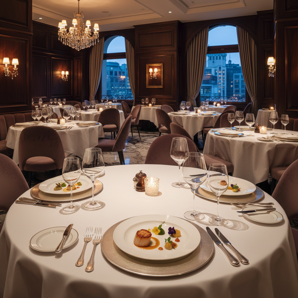 Upscale fine dining restaurant with elegant table settings and sophisticated atmosphere