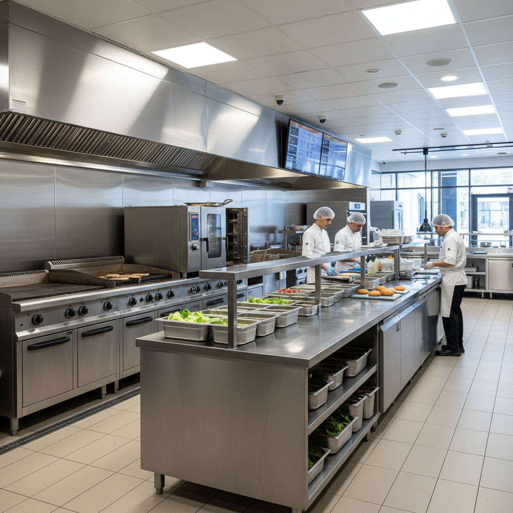 Quick service restaurant kitchen with professional food prep and stainless steel equipment