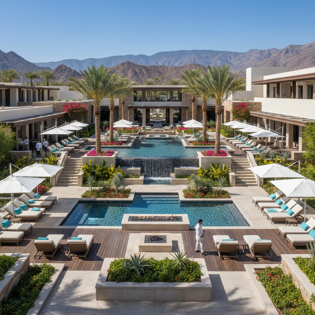 Luxury resort property with pool, lounge area, and pristine landscaping
